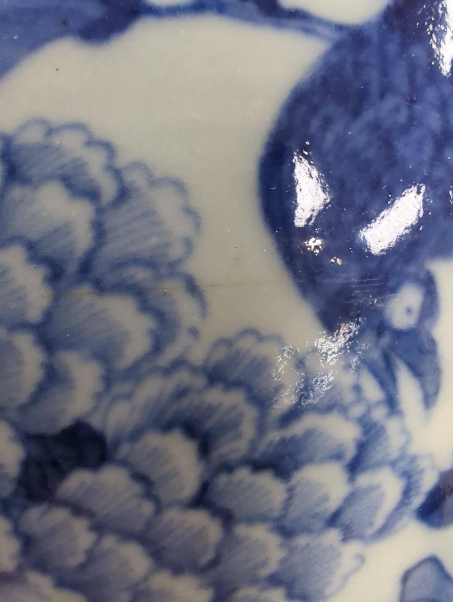 A large Chinese blue and white vase, blossoms, peaches and birds, 37cm
